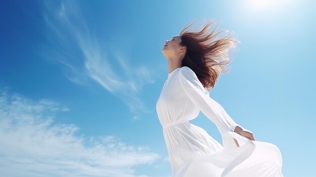 Femme joyeuse au soleil, robe blanche dans le ciel bleu — symbole de l'allègement et de la cohérence retrouvée