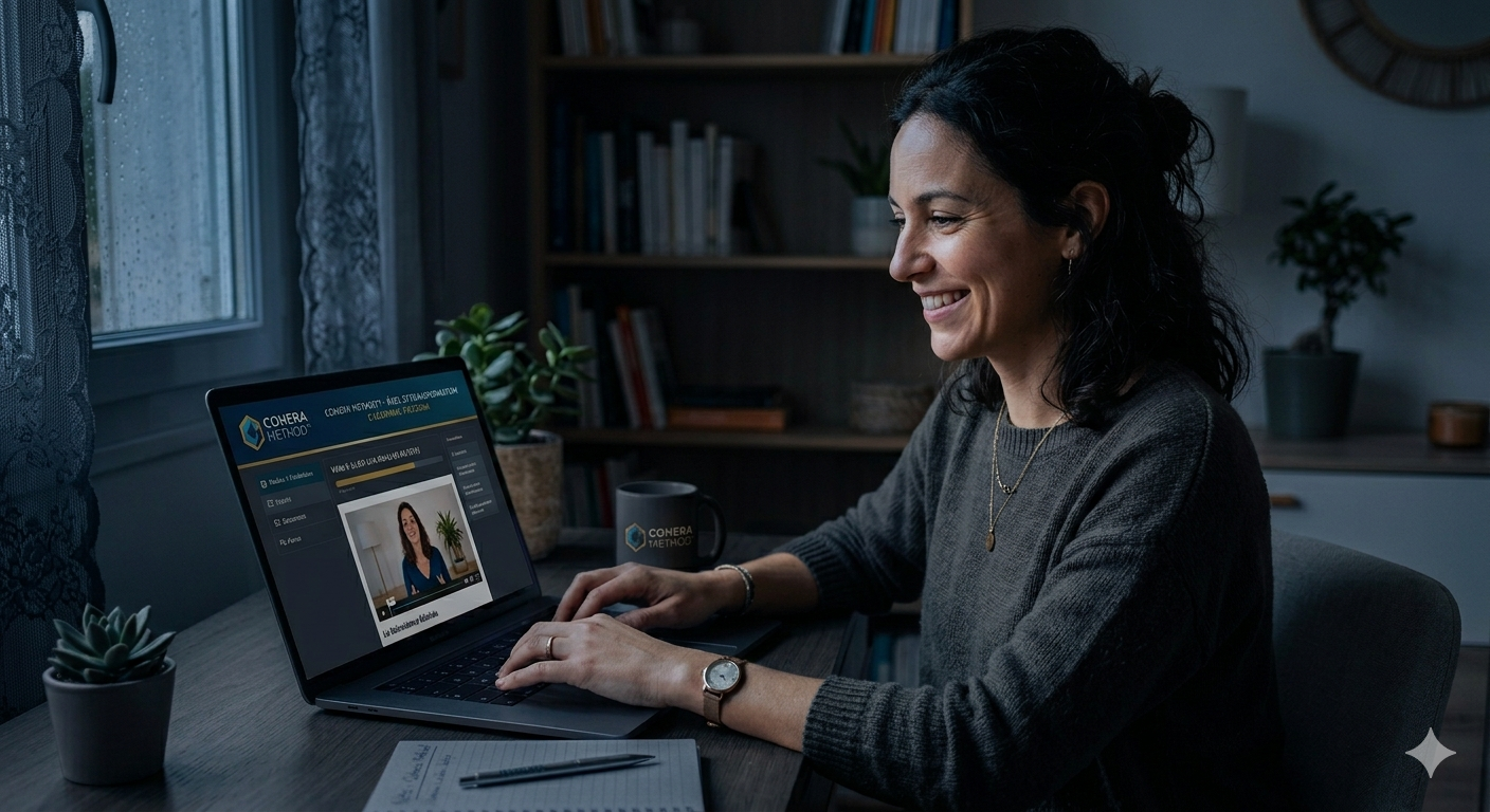 Femme souriante explorant la formation COHERA Method sur son ordinateur — parcours e-learning à son rythme